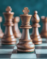 wooden chess king piece on a chessboard, representing strategy and game play.