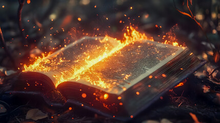 Fototapeta premium Enchanted Book with Fiery Flames in Forest