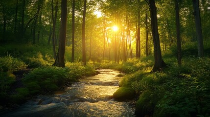 Obraz premium Serene Forest Stream at Sunset
