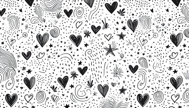 seamless doodle pattern with hearts, stars and abstract squiggles