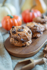 pumpkin chocolate chip cookies on a table