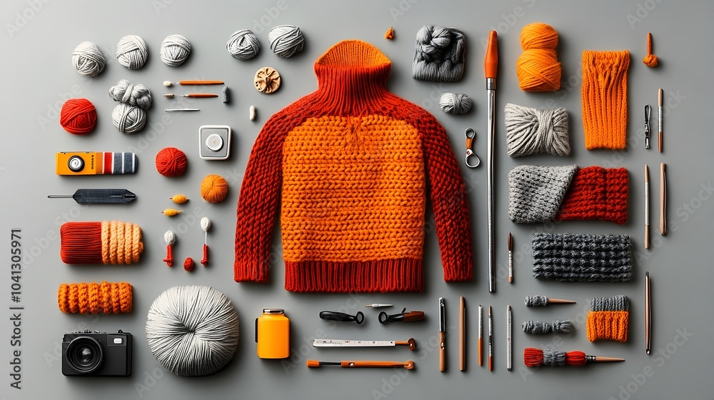 Poster Layered cross section of a vibrant knitting kit showcasing various stages of the craft with yarn needles and finished projects in an array of colors and textures