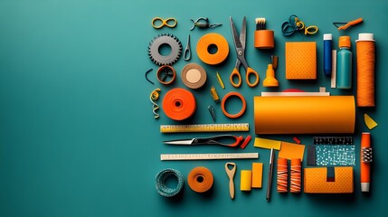 Fototapeta premium Layered cross section of a craft box showcasing a neat arrangement of scissors glue and colorful papers the perfect setup for creative hobbies and DIY projects