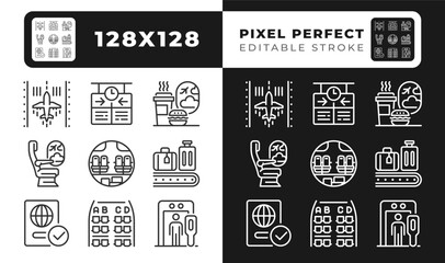 Airport services linear icons set for dark, light mode. Passenger experience and airport operations. Travel logistics. Thin line symbols for night, day theme. Isolated illustrations. Editable stroke