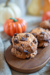 pumpkin chocolate chip cookies on a table