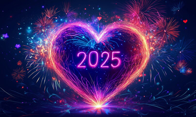 A fireworks display with the text 2025 brightly illuminated in the center surrounded by a heart on a dark background. New Year. Banner. Copy space.