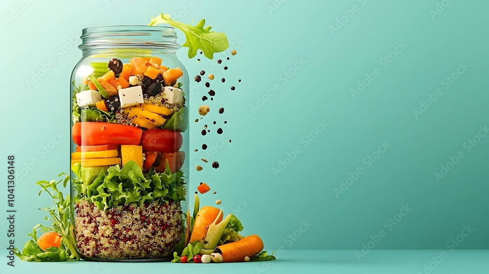 Poster layered jar salad cross section with quinoa assorted vegetables and leafy greens healthy nutritious 
