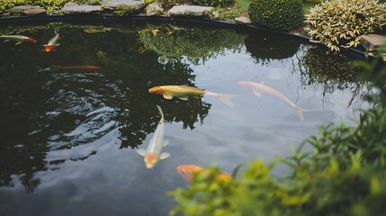 Fototapeta premium Serene Garden Pond with Koi Fish Swimming and Beautiful Reflections