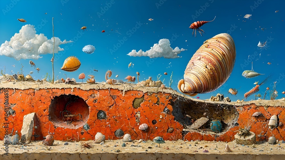 Aufkleber Mesmerizing cross section of the ocean floor showcasing a stunning clam shell surrounded by a diverse array of captivating sea creatures in their natural underwater habitat