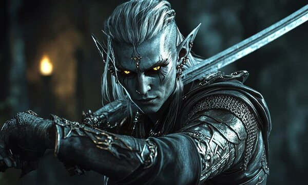 A Dark Elf Warrior with Glowing Yellow Eyes