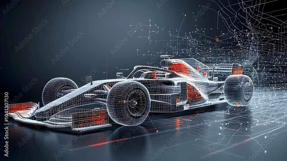 Poster a digital showcasing a sleek futuristic racing car with glowing mesh lines zipping through a light s