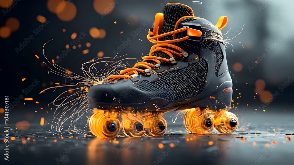 Poster A dynamic and futuristic of a rollerblader spinning with glowing trails and neon light effects creating a visually striking and abstract design