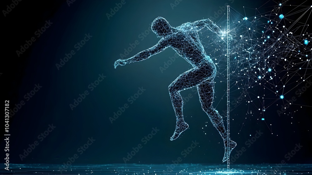 Leinwandbilder a dynamic and futuristic image of a mesh like pole vaulter glowing and suspended mid air with bright