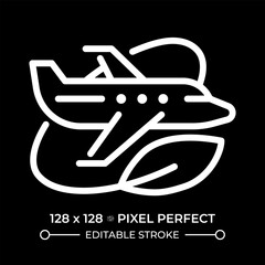 Sustainable aviation white linear icon for dark theme. Eco-friendly air travel. Environmental awareness in aviation industry. Thin line illustration. Isolated symbol for night mode. Editable stroke