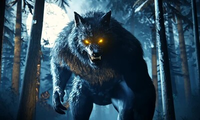 A Werewolf in the Forest, Glowing Eyes, Full Moon - Powered by Adobe