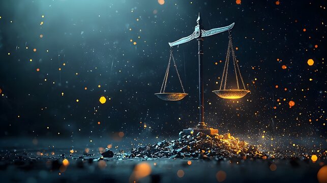 A glowing mesh balance scale tilted to one side symbolizing the concept of justice the need for fairness and equilibrium in legal and social systems