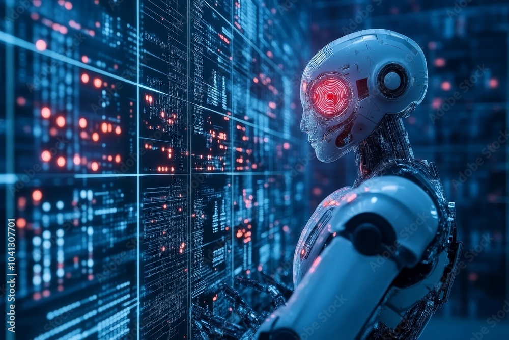 Poster artificial intelligence and big data concept. robot view.