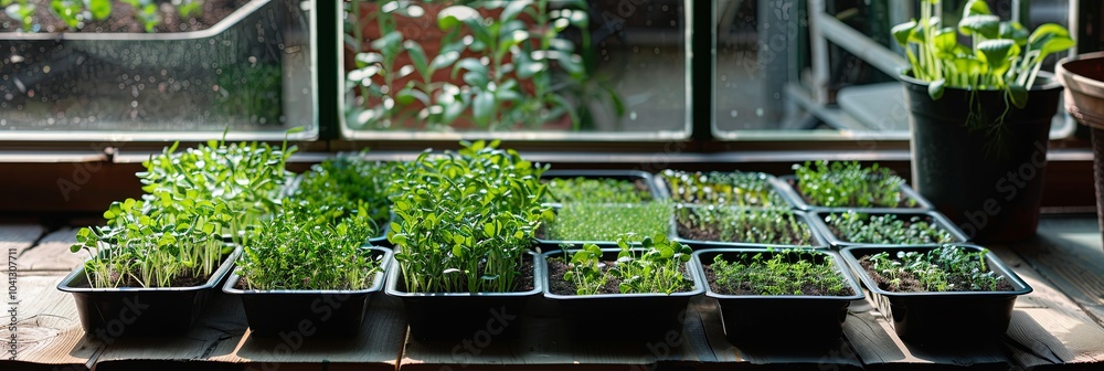 Poster Trays filled with various types of microgreens thrive in a cozy greenhouse, benefiting from ample sunlight and moisture. Generative AI