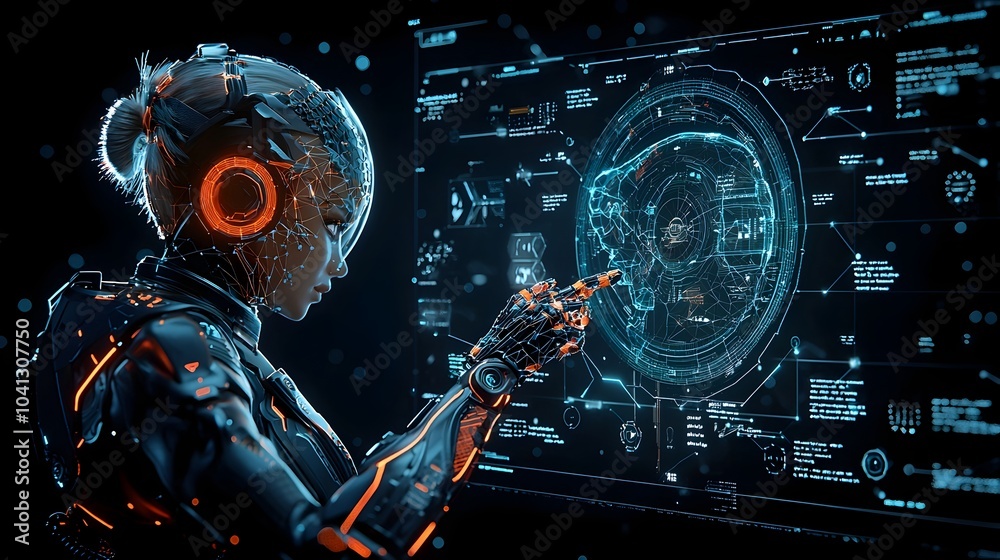Poster A glowing mesh humanoid robot interacts with holographic data panels showcasing a futuristic technology concept with digital intelligence and advanced cybernetic interfaces