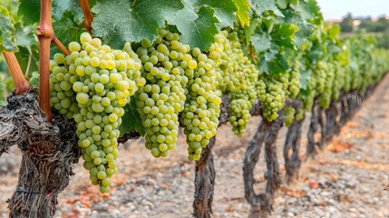 Naklejka premium Lush green grapevine loaded with abundant clusters of ripe juicy grapes thriving in a picturesque vineyard landscape