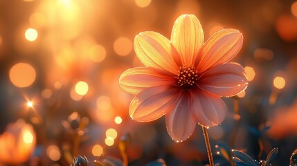 A single pink flower with delicate petals blooms in a field of blurred bokeh lights, creating a soft and dreamy ambiance.