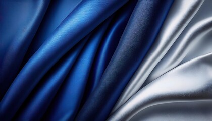 Obraz premium Flowing Elegance. Luxurious Blue and Silver Satin Textures. Perfect for Fashion Concepts, Modern Interior Design Accents, or Advertising Backdrops with Ample Copy Space for Captivating Branding