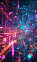 Fototapeta premium Neon lights, digital grid, glowing abstract.