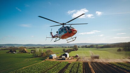 Fototapeta premium Helicopter Low Flyby Over a Rural Farm with Fields and Barns