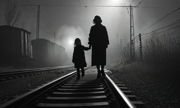 A Mother and Child Walking on a Train Track in the Fog