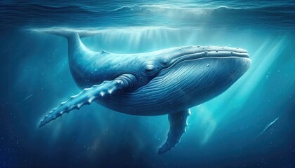 Fototapeta premium Realistic Digital Artwork of a Blue Whale Swimming Underwater, Showcasing Detailed Skin Texture, Natural Blue Tones, Ocean Depths, Water Particles, and Light Filtering Through the Water