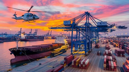 Helicopter Over Busy Port at Sunset