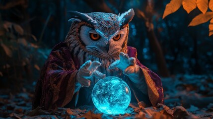 Mystical owl in Halloween costume with crystal ball, fortune teller theme.