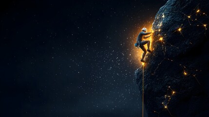 Adventurous Digital Rock Climber Scaling Glowing Mesh Cliff with Bright Cracks in Challenging Mountain Landscape  Extreme Sport Concept with Outdoor Adventure Fitness and Technology Elements