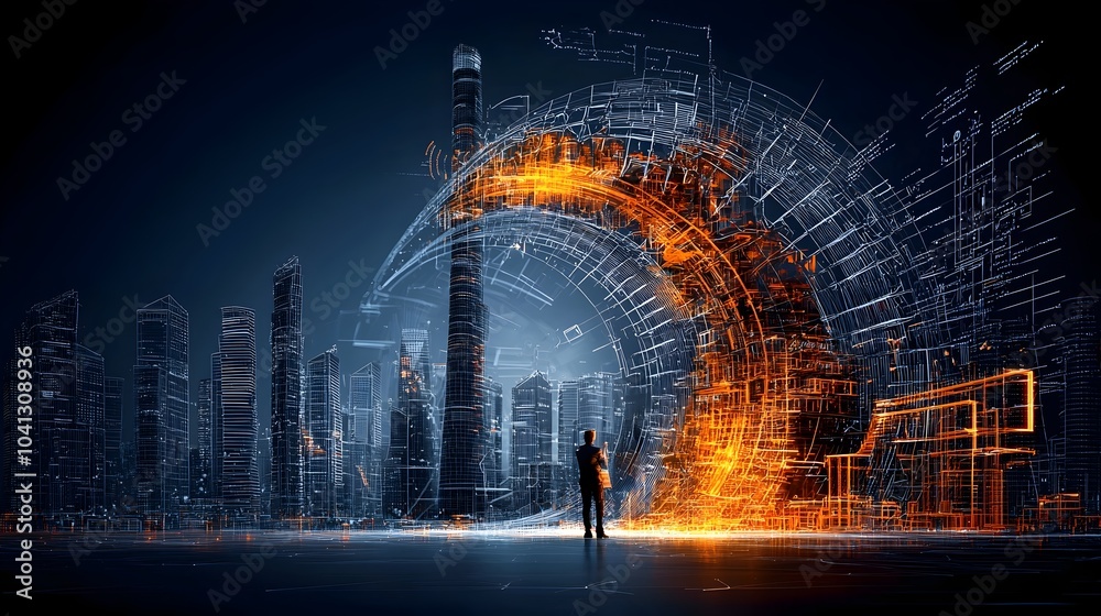 Fototapete breathtaking digital showcasing an iconic travel monument surrounded by a captivating mesh of glowin