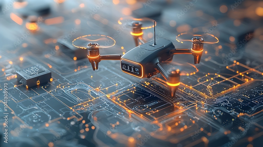 Fototapete Autonomous drone mesh pattern forming a glowing and connected delivery network system  Futuristic technology concept of aerial transportation and logistics automation