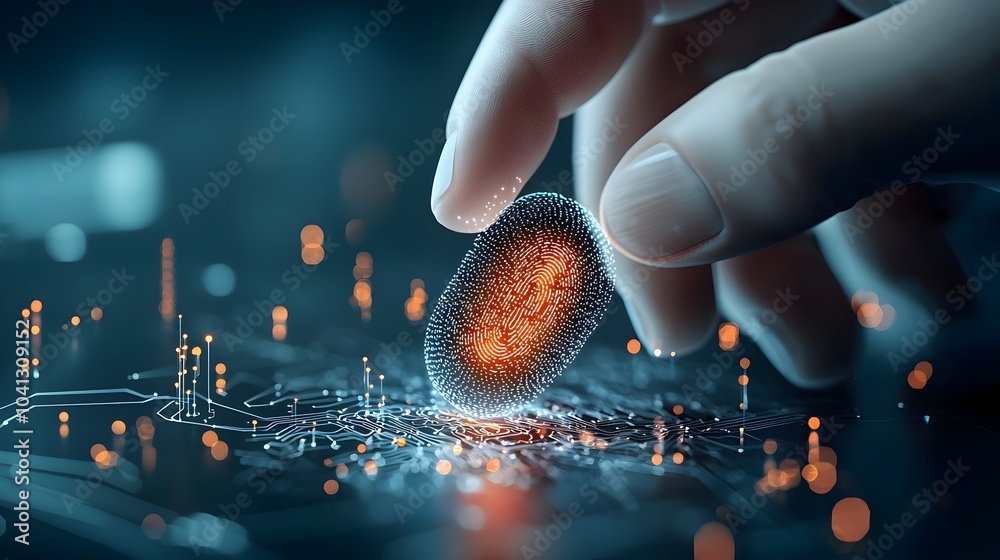 Poster Captivating 3D render of a glowing mesh outline of a digital fingerprint scanner device pulsing with dynamic energy and a futuristic cyberpunk aesthetic