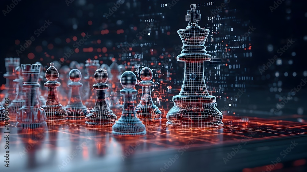 Poster futuristic digital of glowing mesh chess pieces engaged in dynamic and strategic gameplay representi