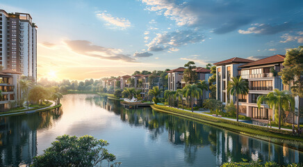 Naklejka premium Design a luxurious, nature-integrated residential condominium. a urban street with commercial buildings at the base and residential units above, along with vibrant community sports and leisure areas.