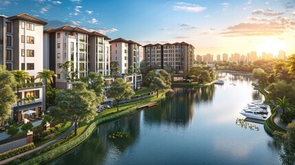 Obraz premium Design a luxurious, nature-integrated residential condominium. a urban street with commercial buildings at the base and residential units above, along with vibrant community sports and leisure areas.