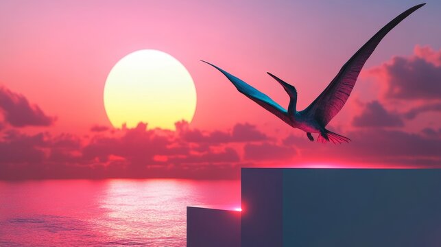 Surreal pterodactyl flying over glowing light box with vibrant sunset, conveying freedom and flight.