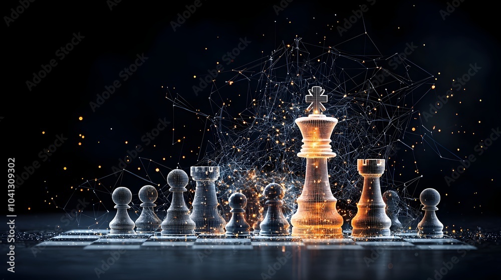 Aufkleber captivating digital showcasing a chessboard with a mesh structure each piece outlined in mesmerizing