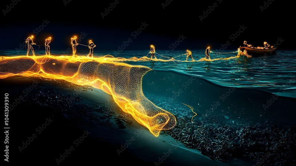 Wall mural captivating image of a glowing mesh fishing line casting into a mesmerizing luminous water pattern t