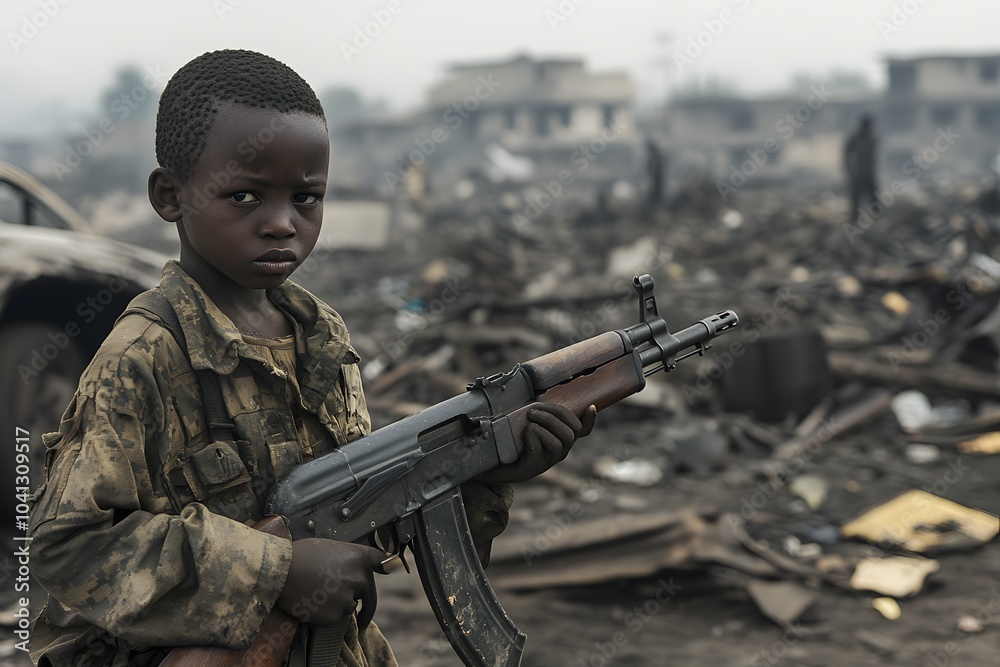 Wall mural child soldier holding a rifle in a war zone