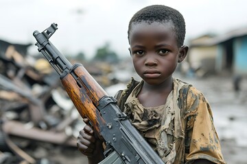 Child soldier holding a rifle in a war zone