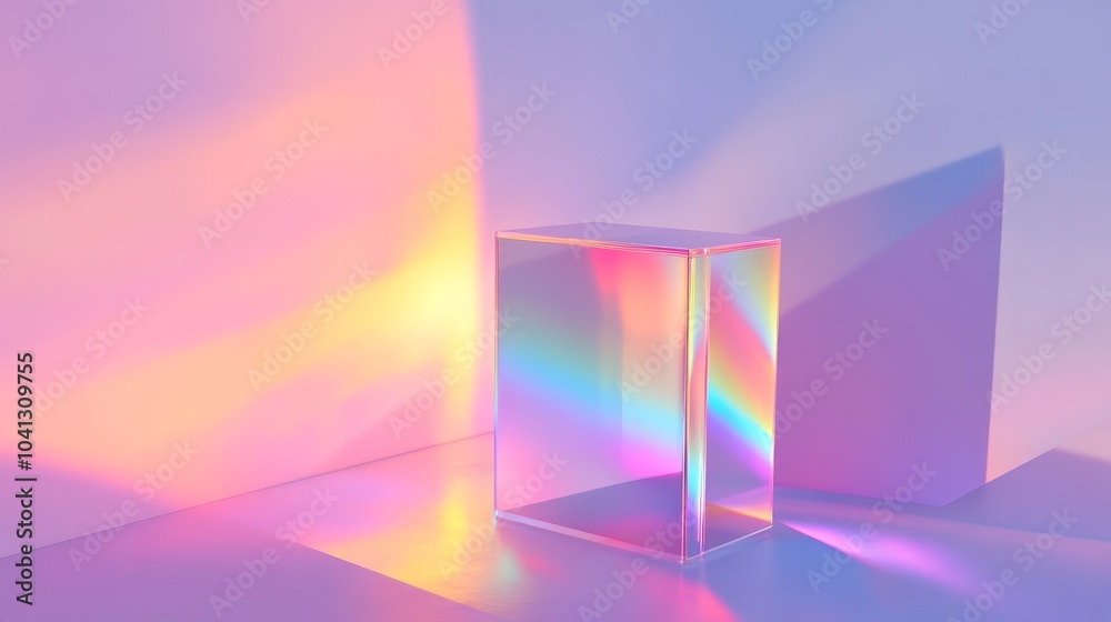 Wall mural Abstract geometric shapes background with rainbow light reflecting off translucent light box, creating soft ambient glow, modern and colorful design.