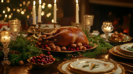 Christmas table with roasted turkey and other festive dishes, close-up