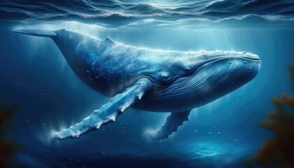 Fototapeta premium Realistic Digital Artwork of a Blue Whale Swimming Underwater, Showcasing Detailed Skin Texture, Natural Blue Tones, Ocean Depths, Water Particles, and Light Filtering Through the Water