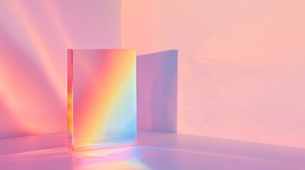 Soft pastel colors of rainbow reflection on glowing light box against minimalistic background, creating ethereal and calm scene, serene beauty.