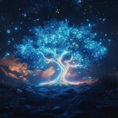 Fototapeta premium A mystical tree emitting a soft neon glow, its leaves floating in a starry night sky, a dreamlike creation, ethereal and captivating, Soft Neon, Digital