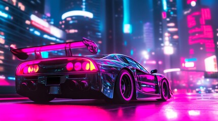 Fototapeta premium Retro sports car under neon lights, night cityscape backdrop, speed and style concept.